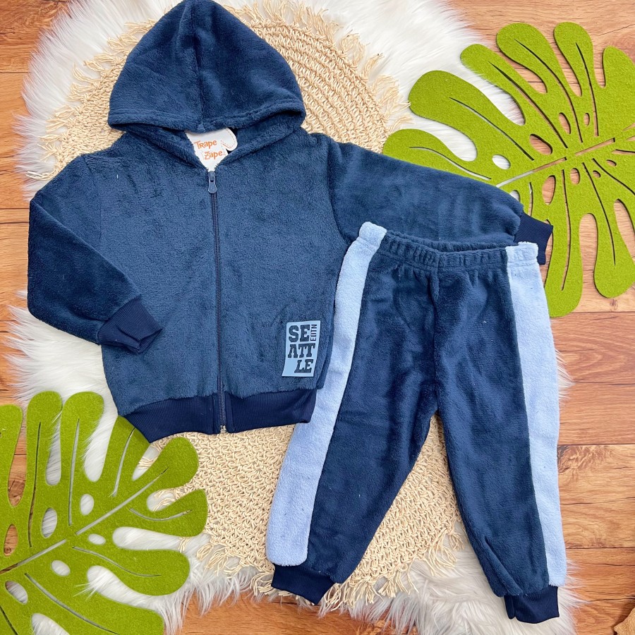 Conj. Jaqueta Seattle com Capuz e Calça de Pelinho - Azul Bebê e Marinho